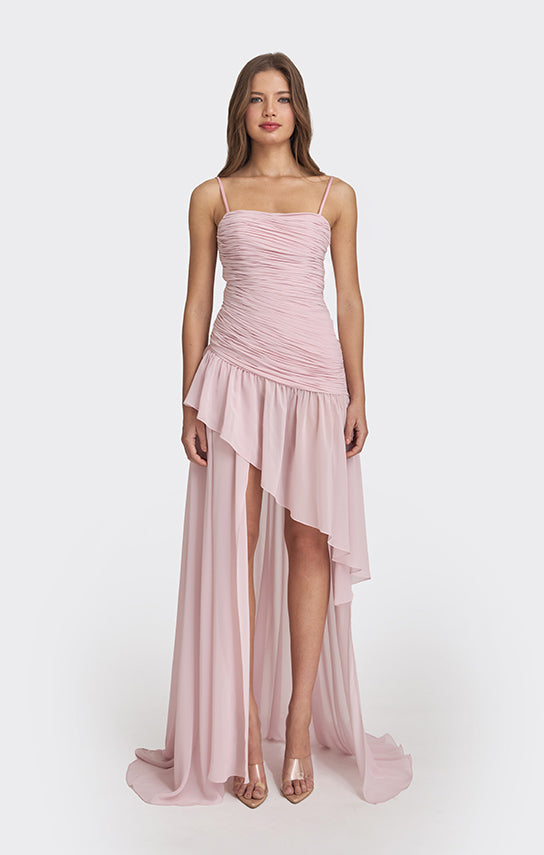 Chiffon Mini Dress, Asymmetric Draped XXL / Brown