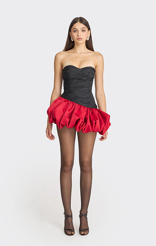 Balloon Draped Mini Dress, Two-Tone XS / Black / Red
