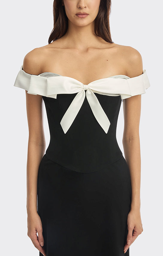 Bow Corset Boned Maxi Dress XS / Black/ White