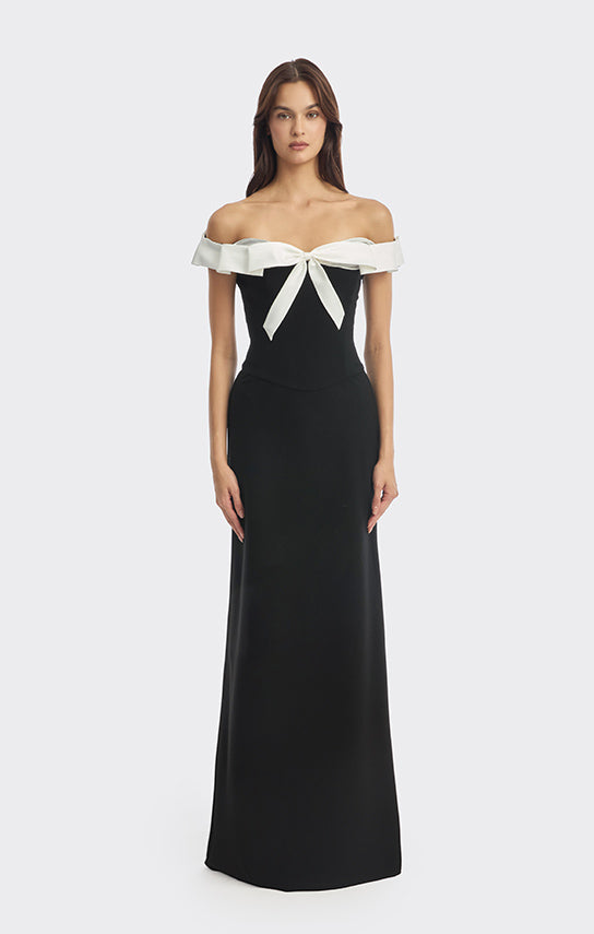 Bow Corset Boned Maxi Dress XS / Black/ White