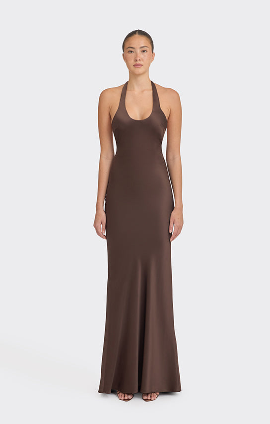 Bow Halter Bias-Cut Maxi Slip Dress XS / Brown/ Pink