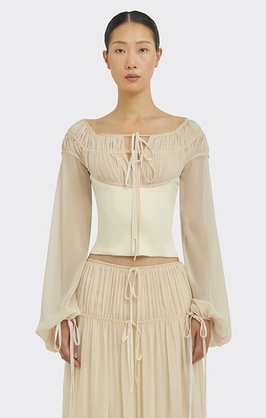 Bow Ruched Long Sleeve Blouse, Beige — Stolen Stores