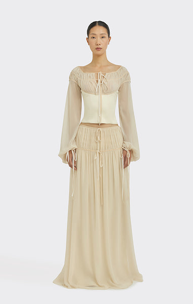 Bow Ruched Maxi Skirt, Beige — Stolen Stores