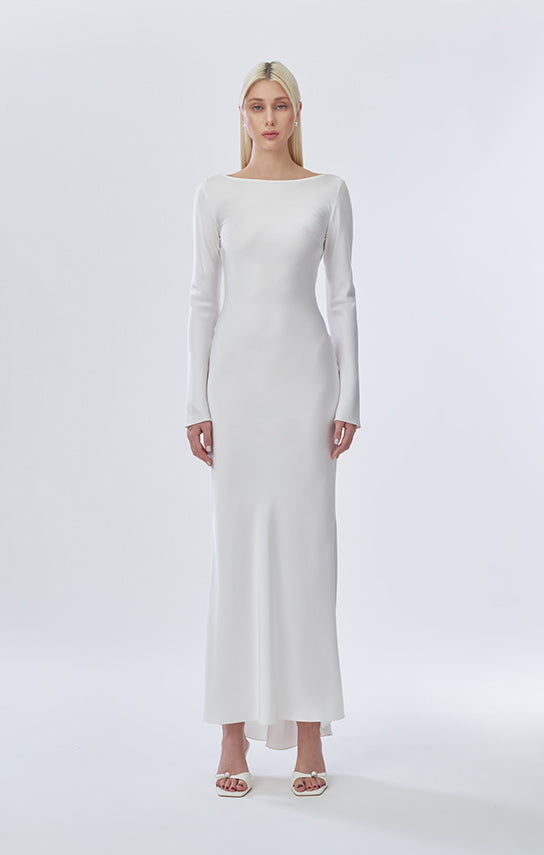 Classic Long Sleeve Dress, Bias-Cut Satin M / Off White