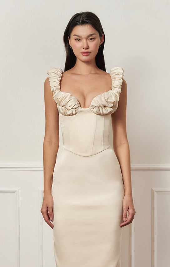 Croissant Corset Dress, Satin Column S / Beige