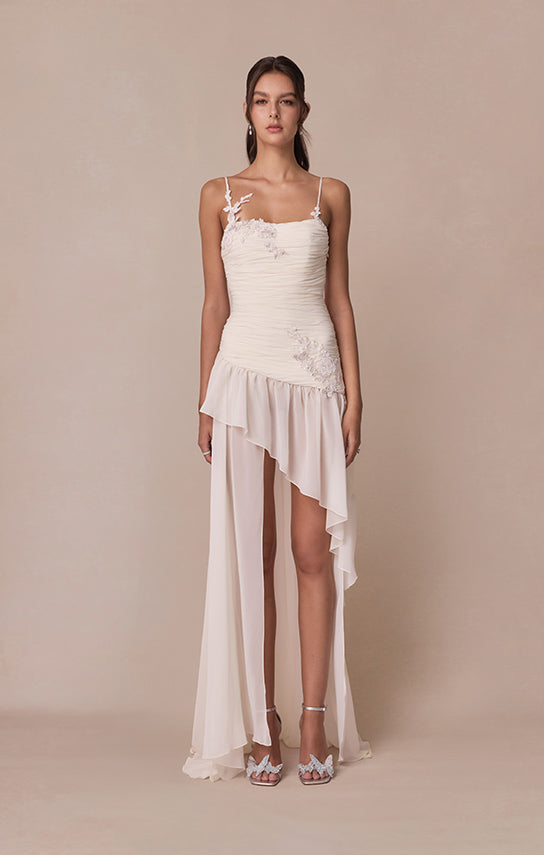 Asymmetric Draped Chiffon Mini Dress, French Lace S / Beige