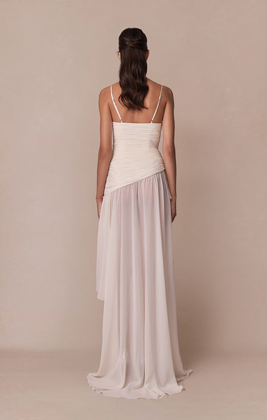 Asymmetric Draped Chiffon Mini Dress (French Lace) S / Beige Asymmetric Draped Chiffon Mini Dress (French Lace) S / Beige