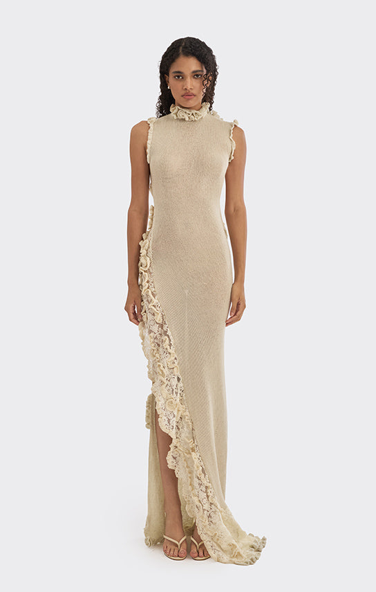 Art Pieces Knit Low-Back Maxi Dress, Crochet L / Beige