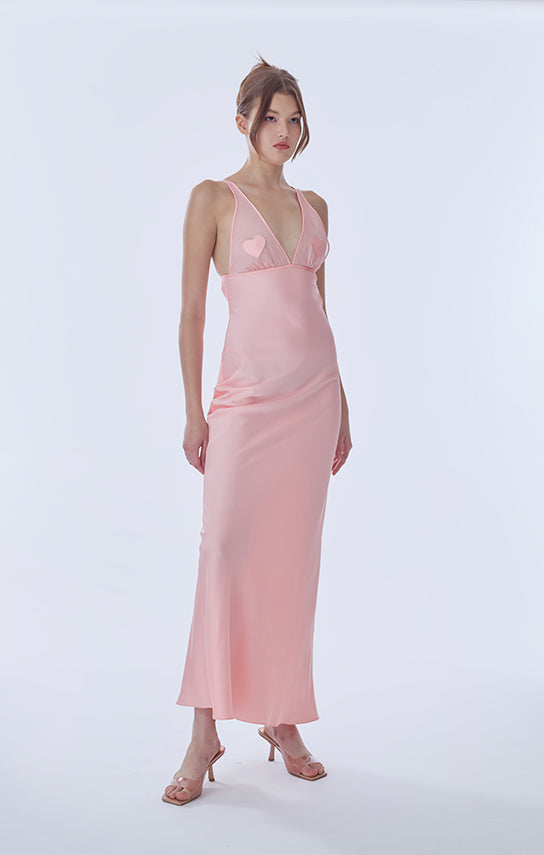 Heart-Bust Maxi Slip Dress, Bias-Cut Satin XS / Pink
