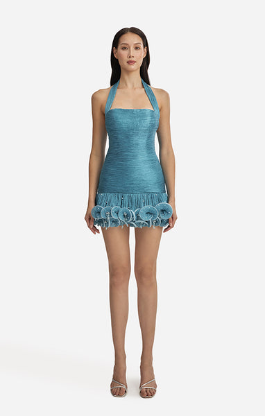 Ms.Tutu Halter Embroidered Mini Dress L / Blue
