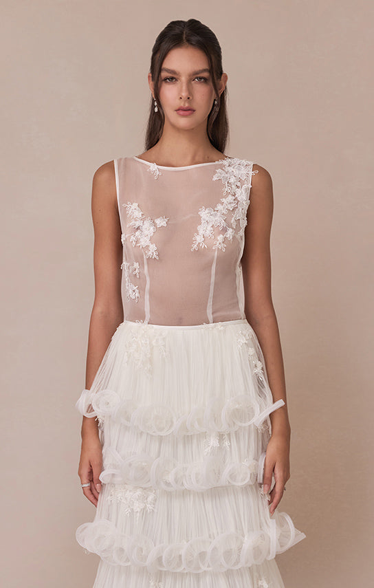 knee length dresses for ladies Sheer Lace Boat Neck Top (French Lace) S / White