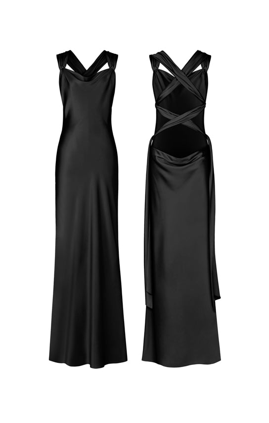 black silk slip dress maxi Noir Crystal Strap Long Silk Slip Dress