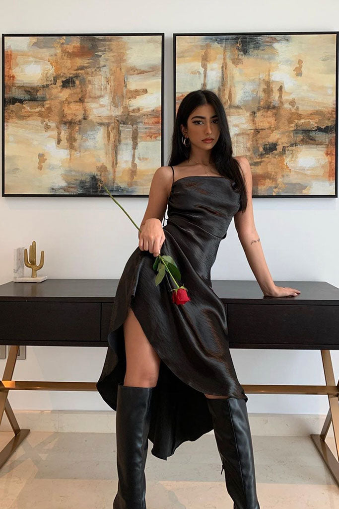 asymmetrical dress with boots Long Sleeve Asymmetric Dress/Thumb Hole Sleeve Dress/Casual Pleated Dress/Black Chiffon Dress/Everyday Comfortable Dress METD0134