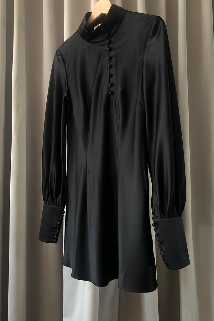 Mandarin Collar Silk Satin Dress L / Black