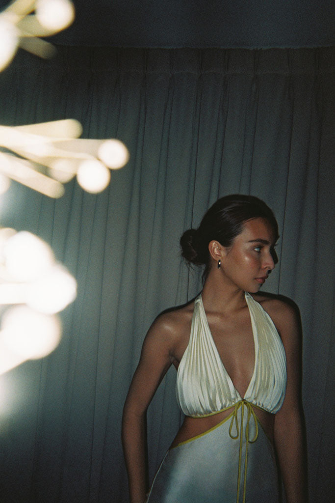Ms. Pleat Cut-Out Dress - Stolen Stores M / Longan (Beige)/ Green Trim Ms. Pleat Cut-Out Dress - Stolen Stores M / Longan (Beige)/ Green Trim