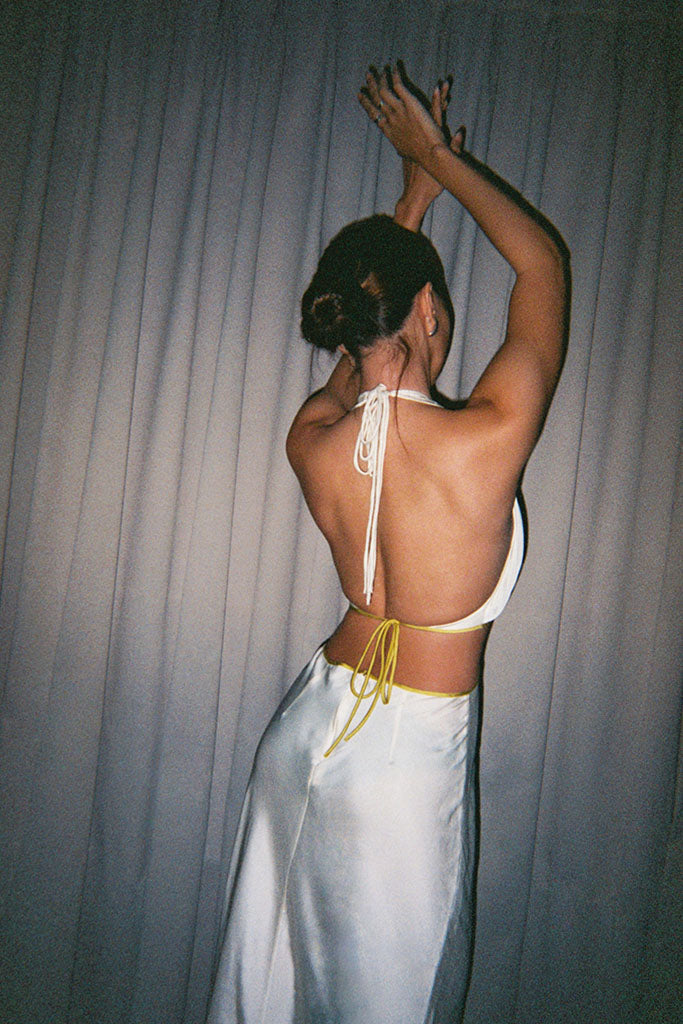 Ms. Pleat Cut-Out Dress - Stolen Stores M / Longan (Beige)/ Green Trim Ms. Pleat Cut-Out Dress - Stolen Stores M / Longan (Beige)/ Green Trim