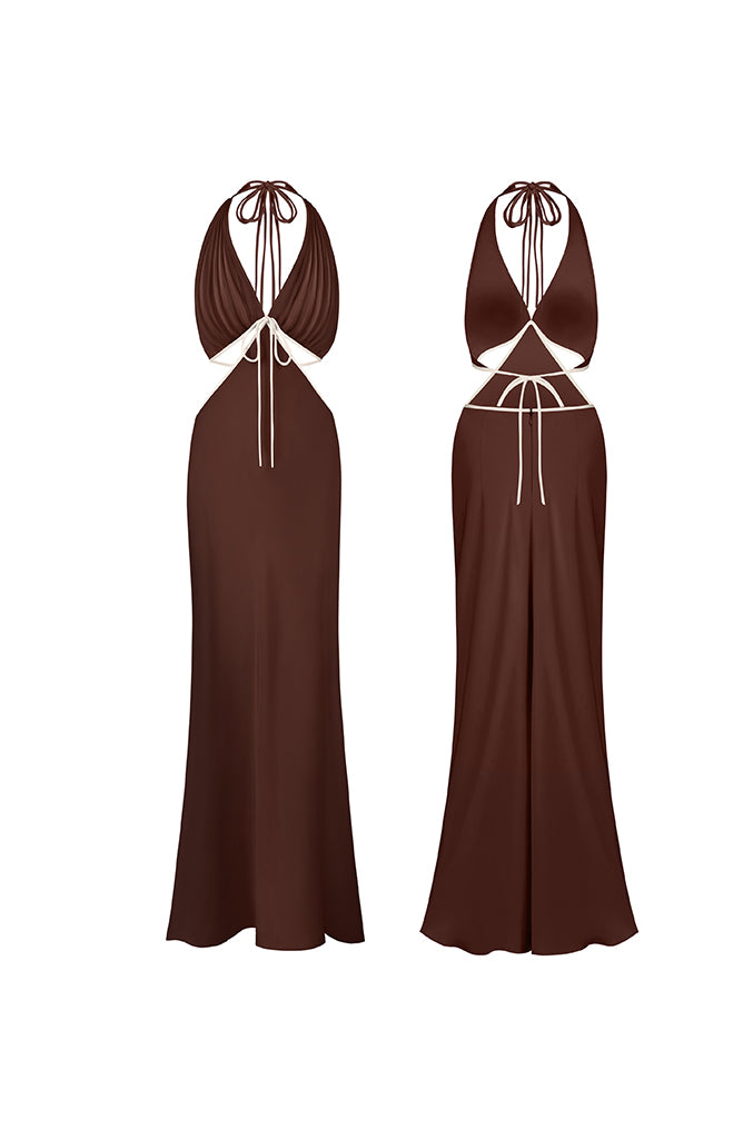 Ms. Pleat Cut-Out Dress, Two-Tone M / Longan (Beige)/ Green Trim