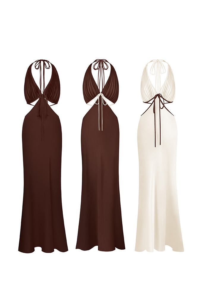 Ms. Pleat Cut-Out Dress, Two-Tone M / Longan (Beige)/ Green Trim